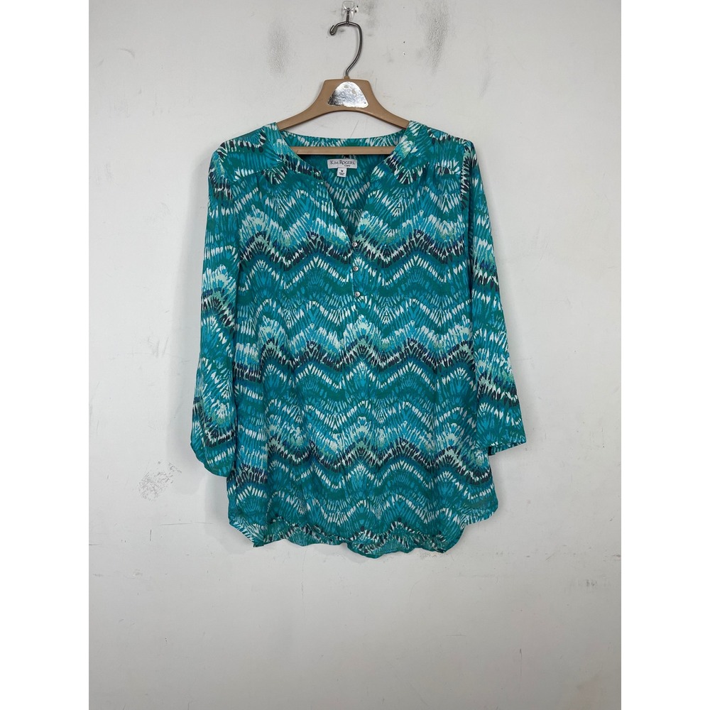 Kim Rogers Curvy Womens 1X Teal Blue Ikat Chevron 3/4 Sleeve Tunic Blouse Top